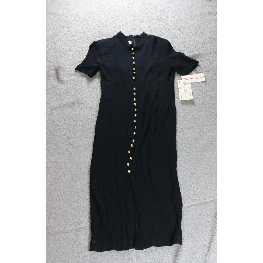 New Best Lauren Dress Maxi Black Crepe Petite 11/12 Gold Button Vintage 90s